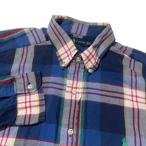 Ralph Lauren XL Plaid Long Sleeve Blake Button Up 100% Cotton Blue Green Red